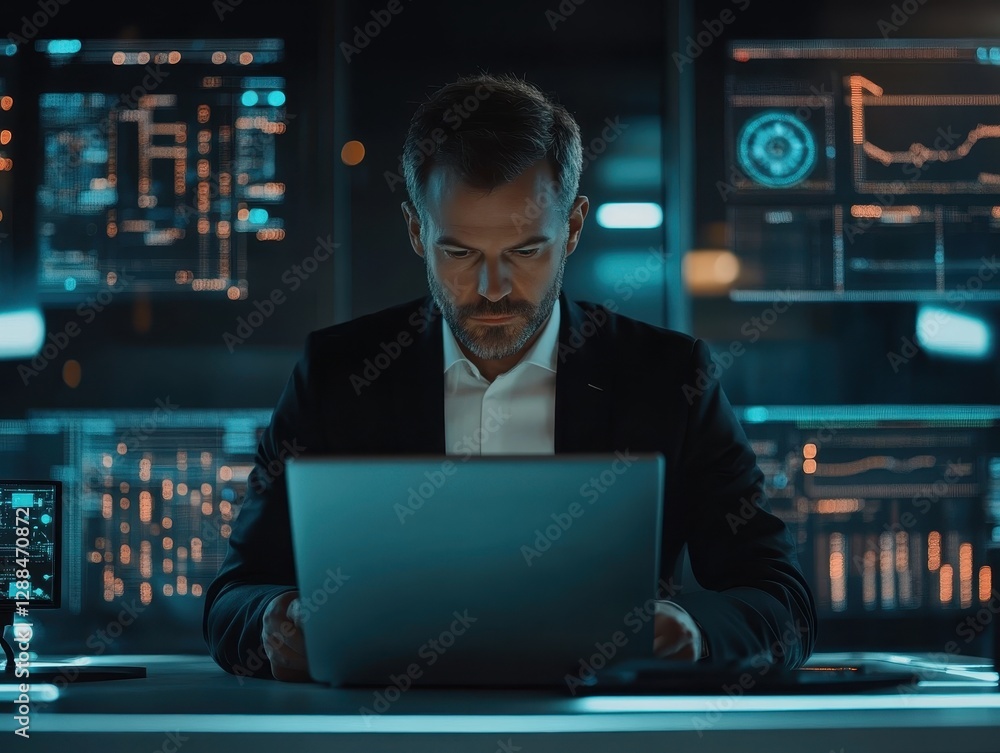 Focused Businessman Working Late Night on Laptop, Analyzing Data on Multiple Screens in Dark Office Focused Businessman Working Late Night on Laptop, Analyzing Data on Multiple Screens in Dark Office