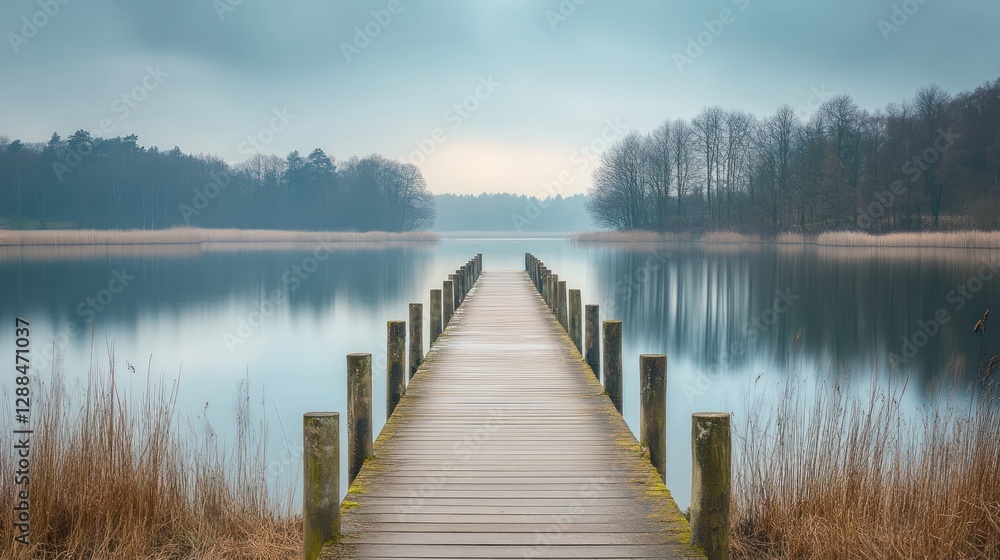 Fototapeta premium Serene wooden pier extending to calm lake, misty winter trees background, peaceful nature scene