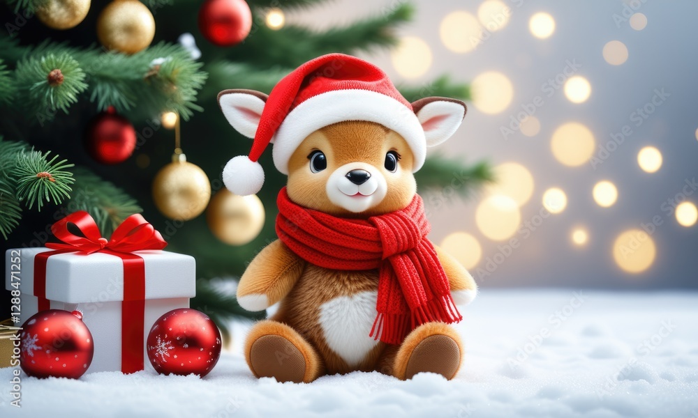 Festive reindeer plush with santa hat and holiday decorations under christmas tree Festive reindeer plush with santa hat and holiday decorations under christmas tree