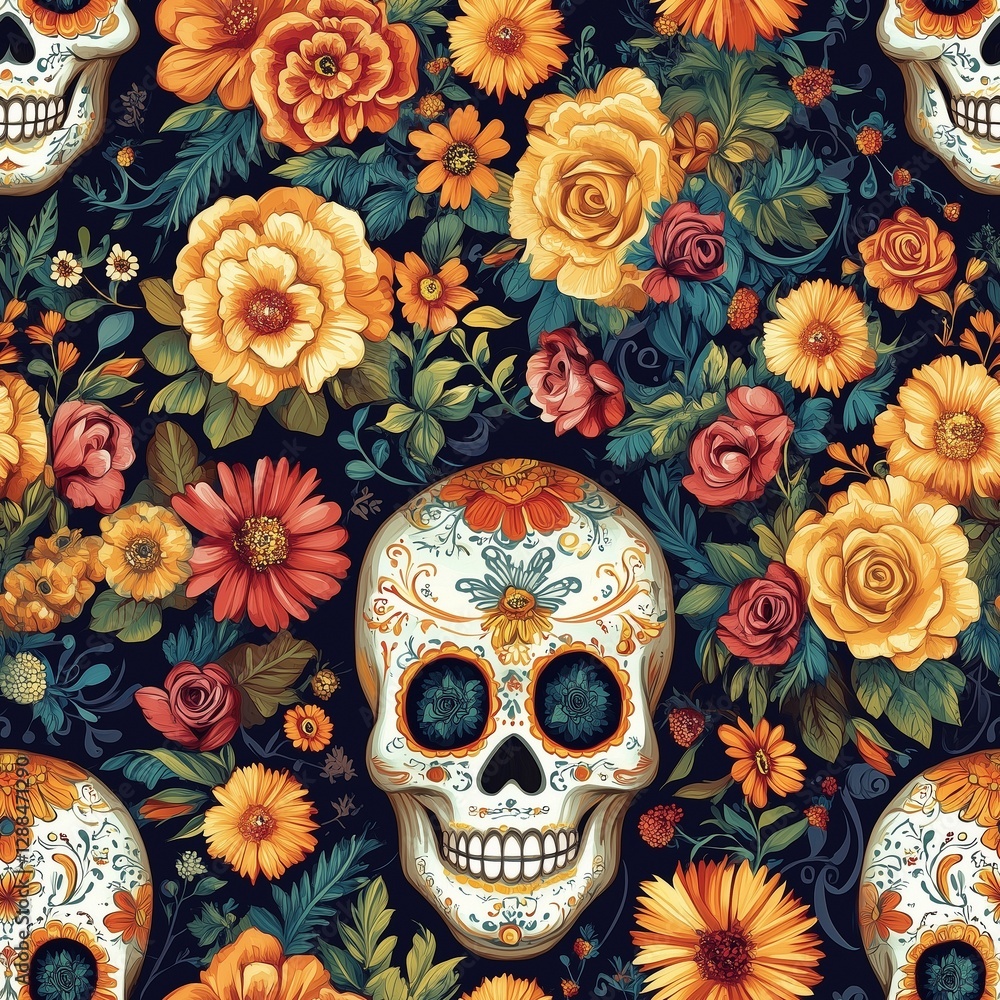 Mexican Sugar skulls Calavera seamless pattern. Background illustration for Dia de Los Muertos, Halloween, Day of Dead Mexican Sugar skulls Calavera seamless pattern. Background illustration for Dia de Los Muertos, Halloween, Day of Dead