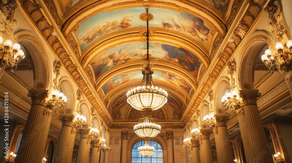 Fototapeta premium Opulent Gold Hallway with Majestic Chandeliers