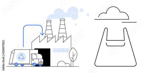 Recycling truck unloading at factory, smokestacks emitting air. Simple abstract recycling icon with cloud. Ideal for eco-friendly, recycling, waste management, industrial processes, environmental