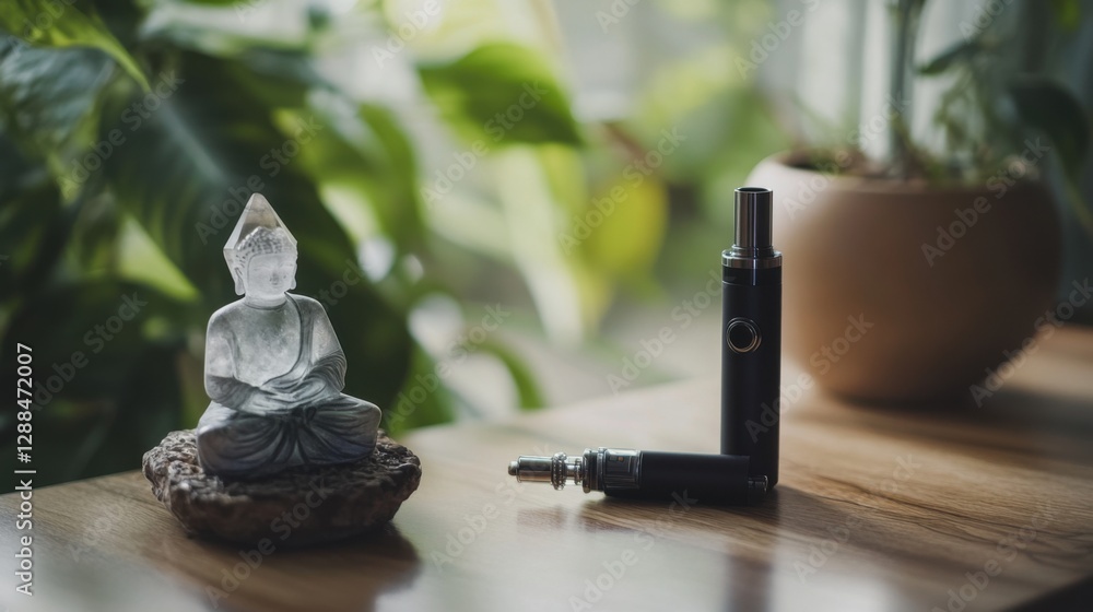 Vaping device on a polished wood surface next to a crystal figurine. Featuring sleek modern lines and serenity Vaping device on a polished wood surface next to a crystal figurine. Featuring sleek modern lines and serenity