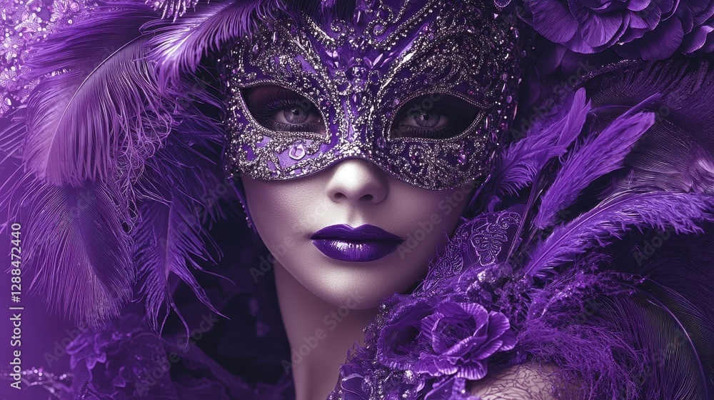 Woman Wearing Purple Mask and Feathers for Carnival or Masquerade Woman Wearing Purple Mask and Feathers for Carnival or Masquerade