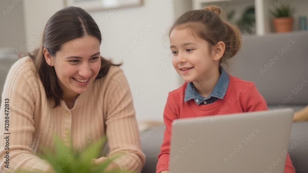 Remote work benefits concept. A mother and daughter enjoy quality time together while engaging with a laptop. Remote work benefits concept. A mother and daughter enjoy quality time together while engaging with a laptop.