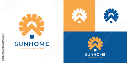 Creative sun house logo. Solar energy and home logo design vector illustration.
