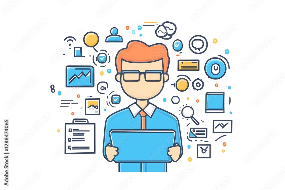 Businessman with Tablet and Surrounding Technology Icons Businessman with Tablet and Surrounding Technology Icons
