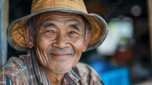 Wallpaper Mural Smiling Elderly Asian Man in Traditional Straw Hat Posing Outdoors in Rustic Rural Village Setting Reflecting Wisdom and Life Experience Torontodigital.ca