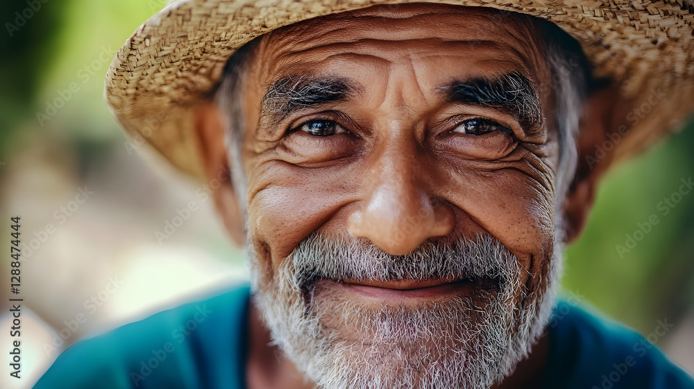 Smiling Elderly Farmer Wearing Straw Hat Relaxing in Peaceful Rural Countryside Landscape Portrait of Content Senior Man with Beard Enjoying Retirement Life in Natural Outdoor Setting Smiling Elderly Farmer Wearing Straw Hat Relaxing in Peaceful Rural Countryside Landscape Portrait of Content Senior Man with Beard Enjoying Retirement Life in Natural Outdoor Setting