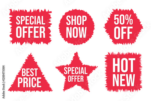 Set of Sale stickers with red color brush stroke shapes.  Sale quality tags and labels for Discount template, banner, shopping poster. Special offer, 50% off, best price, shop now, black Friday event