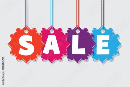 Colorful hanging sale tags for business promotion and marketing. Black Friday and Christmas sale banner, template, poster. Sale logo, label, sticker, badge isolated on white background.