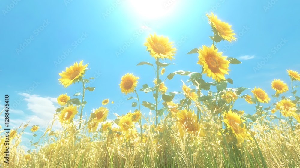 A field of golden sunflowers swaying in the wind under a clear blue sky A field of golden sunflowers swaying in the wind under a clear blue sky