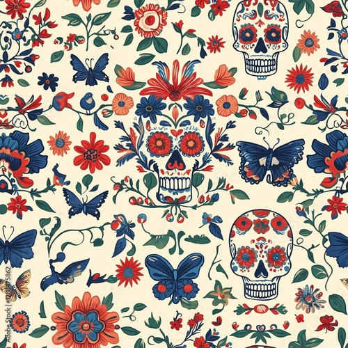 Wallpaper Mural Mexican Sugar skulls Calavera seamless pattern. Background illustration for Dia de Los Muertos, Halloween, Day of Dead. Style of Otomi embroidery. Torontodigital.ca