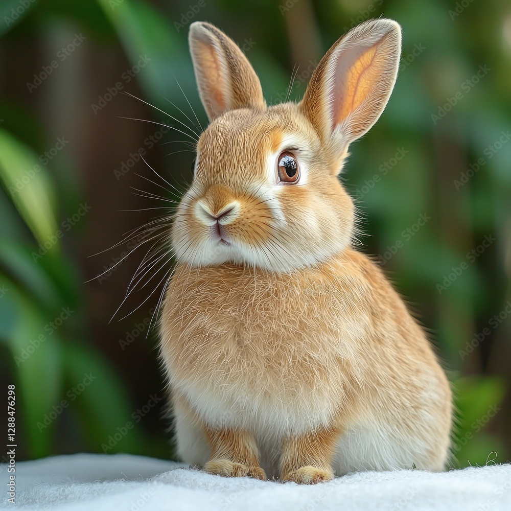 Fototapeta premium Tan rabbit sitting on white surface, green foliage, brown backdrop, bright light