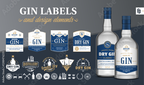 Vector blue and white gin labels. Gin glass bottle mockups