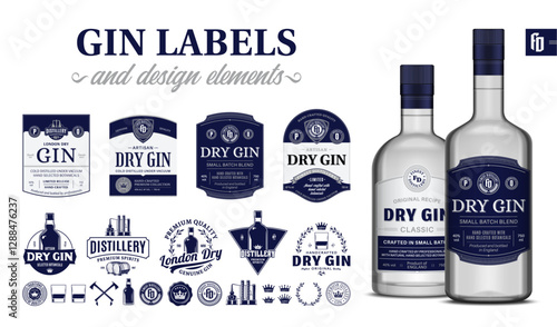 Vector blue and grey premium quality gin labels. Realistic gin glass bottle mockups