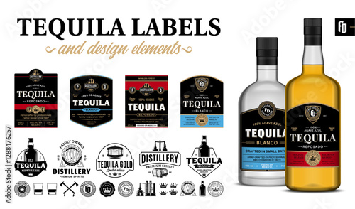 Vector premium quality tequila labels. Realistic Tequila glass bottle mockups