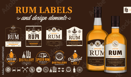 Vector brown and beige premium quality rum labels. Realistic rum glass bottle mockups