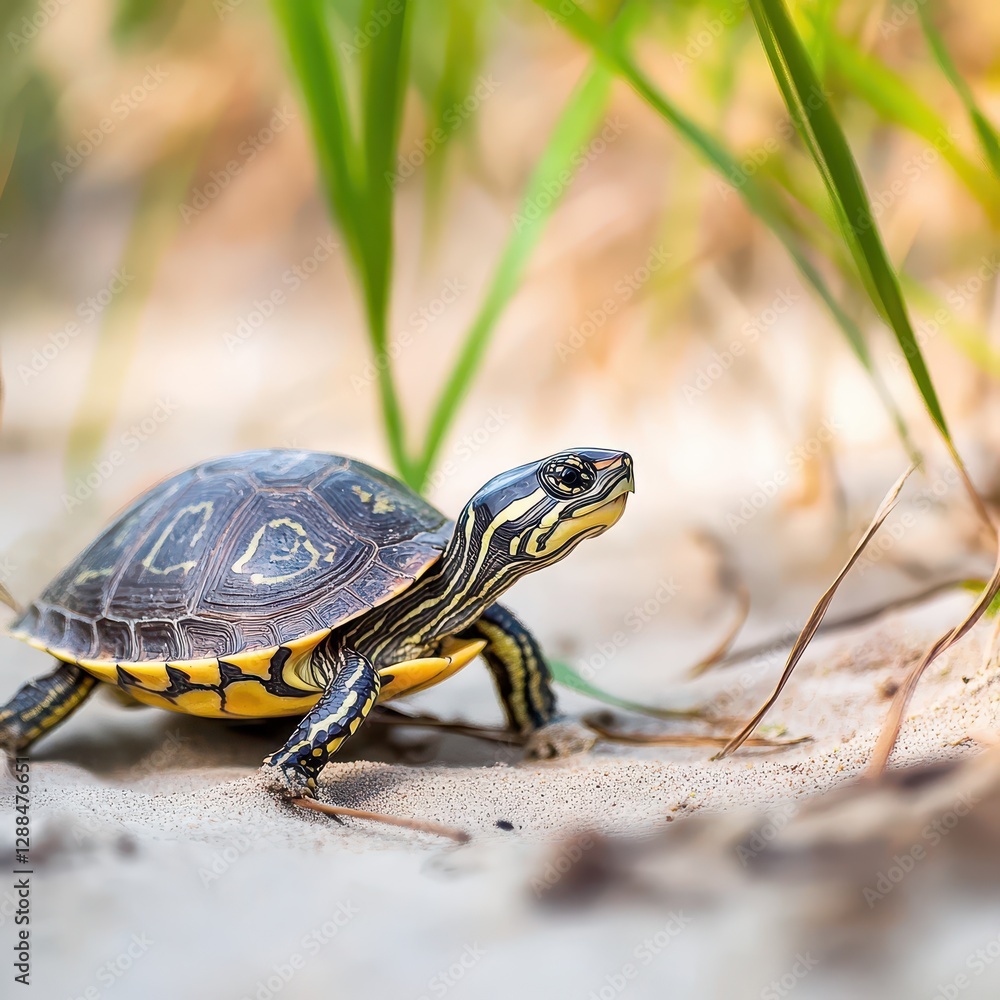 Turtle exploring sandy shore in green grass Turtle exploring sandy shore in green grass