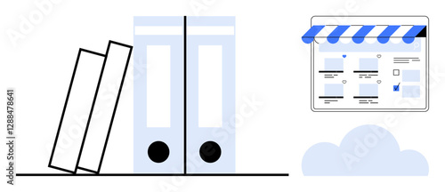 Physical binders leaning against each other beside a digital storefront window, illustrating the integration of traditional and online document storage methods. Ideal for digital transition