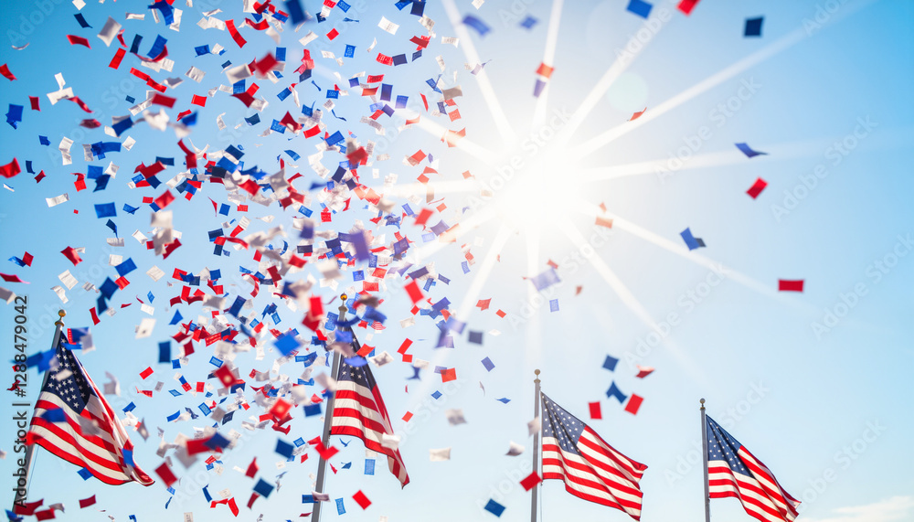 Obraz premium Red, white, and blue confetti explosion during national holiday, celebration