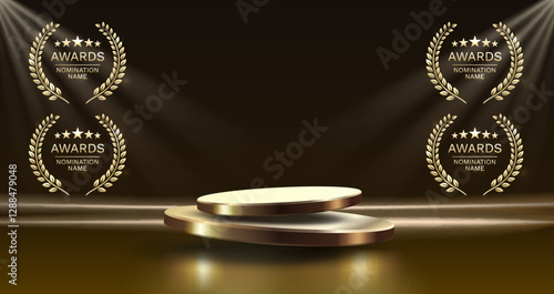 Award ceremony nomination name podium, golden prize event, scene star ceremony. Vector illustration