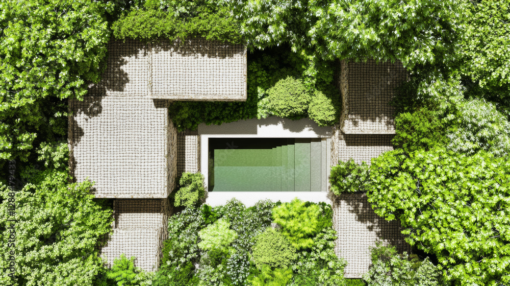 Modern Eco Friendly Home Surrounded by Dense Green Foliage from Aerial View