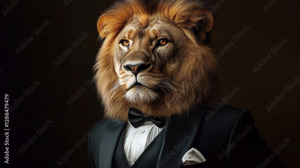 Lion in a tuxedo with a bow tie against a dark background, regal and poised. Fantasy and anthropomorphism concept Lion in a tuxedo with a bow tie against a dark background, regal and poised. Fantasy and anthropomorphism concept