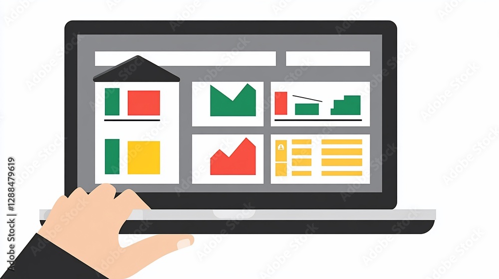 Real estate data analysis on laptop, charts, graphs, office background Real estate data analysis on laptop, charts, graphs, office background