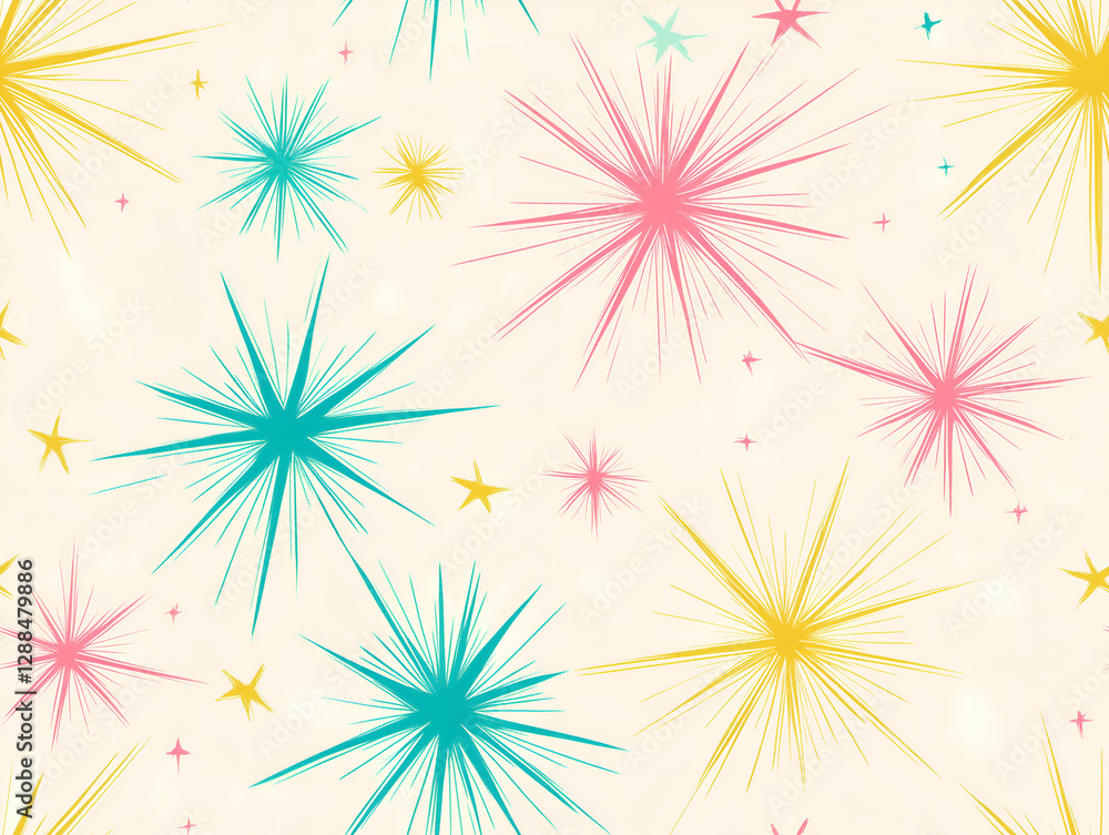 repeating pattern of glowing neon starbursts in pink, teal, and yellow on a soft pastel background repeating pattern of glowing neon starbursts in pink, teal, and yellow on a soft pastel background