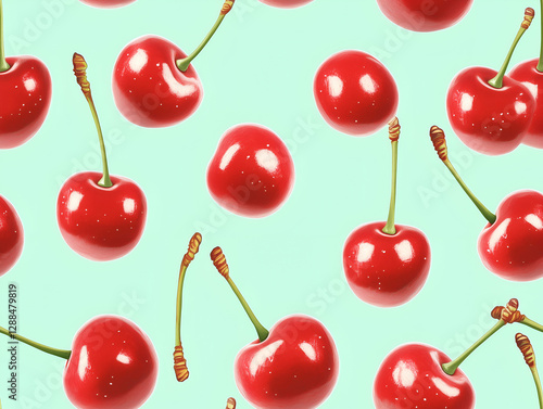 repeating pattern of bright red cherries with green stems on a soft mint green background