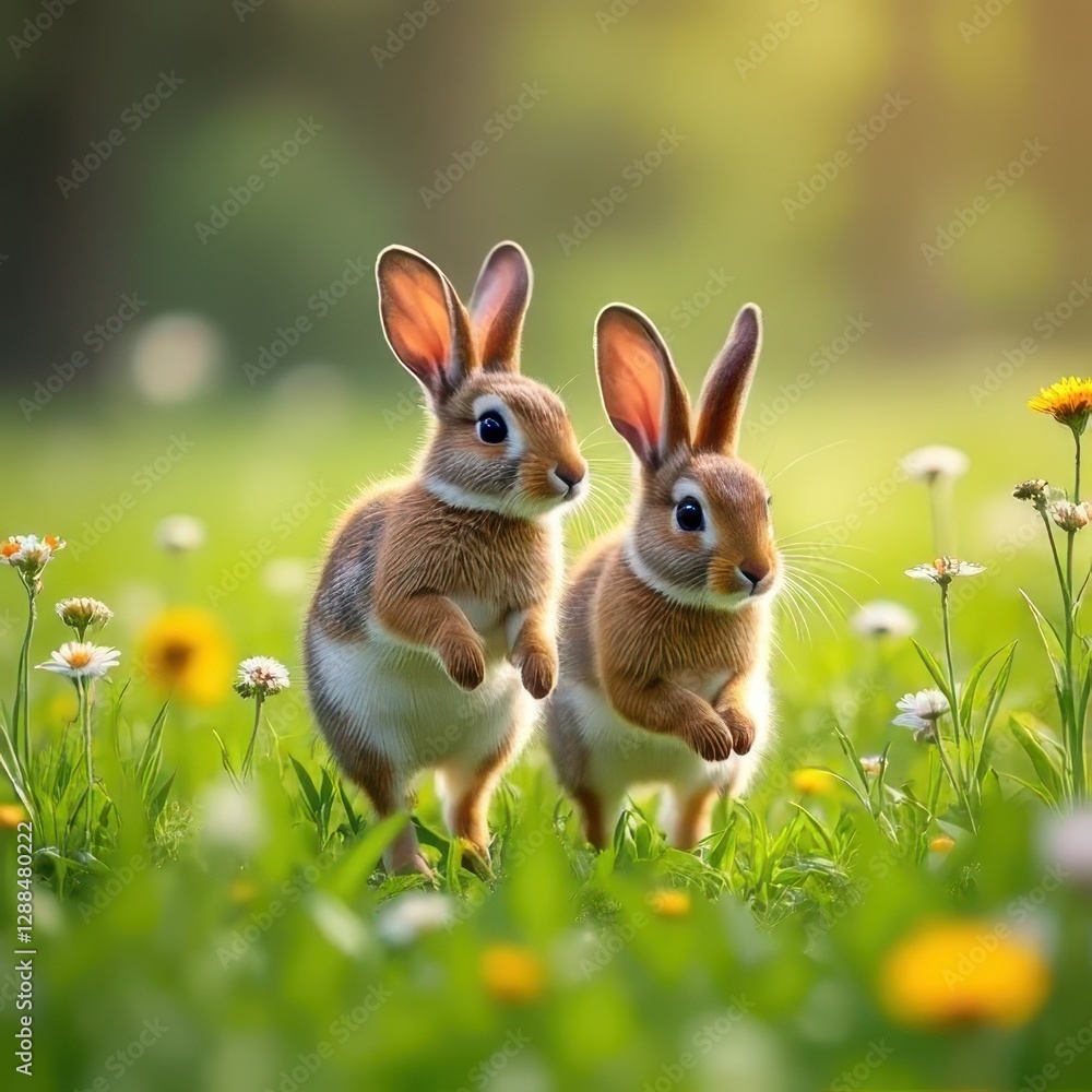 Fototapeta premium Adorable Hare Leaping Duo in a Pastoral Setting