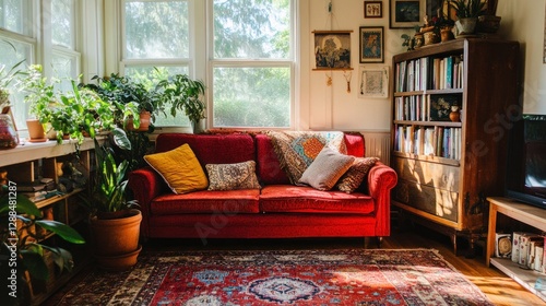 Sunlit living room, red couch, plants, bookshelves, home decor, relaxation