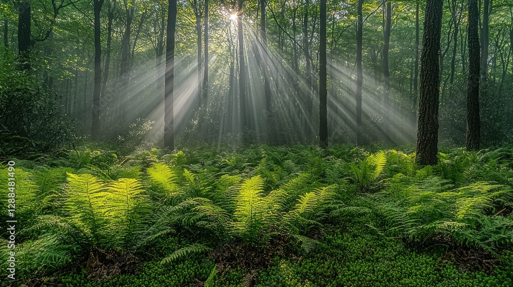 Fototapeta premium Sunlight rays stream through a lush, green forest with ferns in foreground