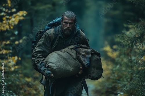 Wallpaper Mural Man carrying a bagged deer through a misty forest in autumn Torontodigital.ca