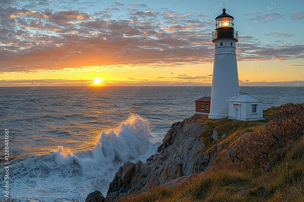 Naklejka premium Lighthouse on a cliff overlooking ocean waves crashing at sunset under a cloudy sky