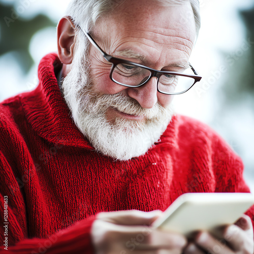 Senior man enjoying technology in cozy sweater, smiling at smartphone. photo