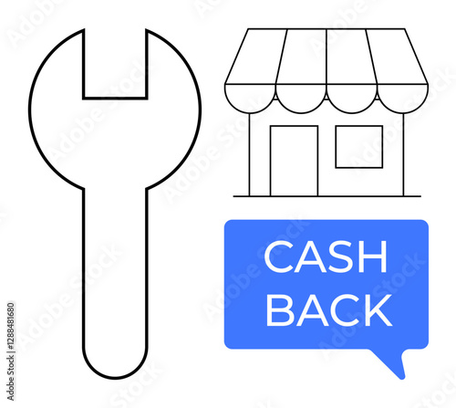 Large wrench outline next to a store facade and blue dialogue bubble with CASH BACK text. Ideal for shopping, discounts, repairs, tools, DIY projects, financial savings, customer rewards programs