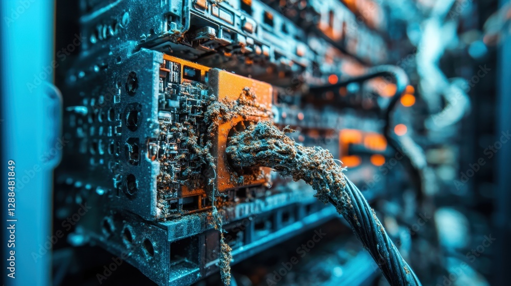 Obraz premium Close-up of a damaged server with corroded connections and tangled cables in a data center