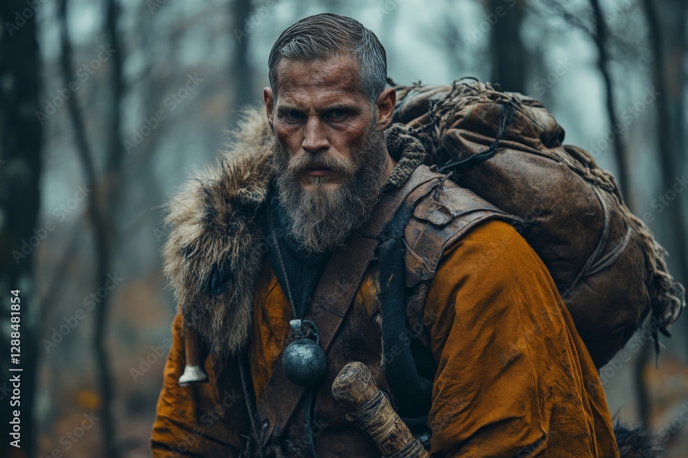 Obraz premium Rugged adventurer in orange cloak traverses a misty forest at dawn with a pack and staff