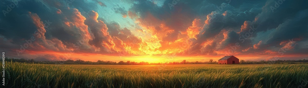 Stunning Sunset Over Lush Green Field with Dramatic Clouds and Red Barn in the Distance Capturing Nature's Beauty Stunning Sunset Over Lush Green Field with Dramatic Clouds and Red Barn in the Distance Capturing Nature's Beauty