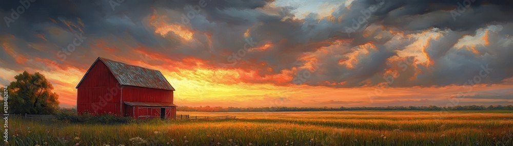 Stunning Sunset Over Rustic Red Barn in Expansive Countryside Field with Dramatic Sky and Vibrant Colors Stunning Sunset Over Rustic Red Barn in Expansive Countryside Field with Dramatic Sky and Vibrant Colors