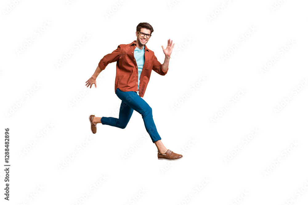 Full length body size view of his he nice attractive cheerful cheery glad active successful guy leader jumping in air running fast hurry-up meeting isolated over beige color pastel background Full length body size view of his he nice attractive cheerful cheery glad active successful guy leader jumping in air running fast hurry-up meeting isolated over beige color pastel background