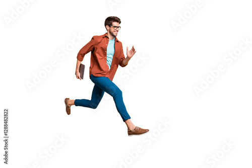 Full length body size view of his he nice attractive cheerful glad guy leader jumping in air carrying laptop running fast late hurry-up meeting appointment isolated over beige color pastel background