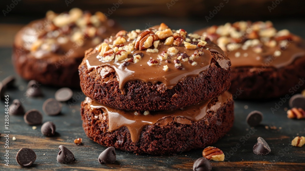 Stacked chocolate donuts with drizzle & nut topping on rustic surface, dark background Stacked chocolate donuts with drizzle & nut topping on rustic surface, dark background