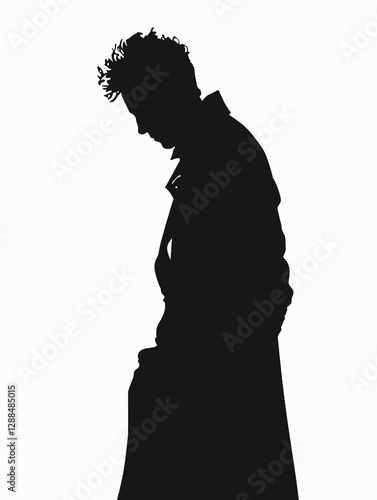 Man in a black coat is walking on a white background. He is looking down and he is lost in thought