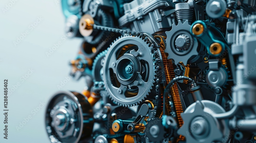 Close up view of engine with drive belts and components on white background captured professionally Close up view of engine with drive belts and components on white background captured professionally