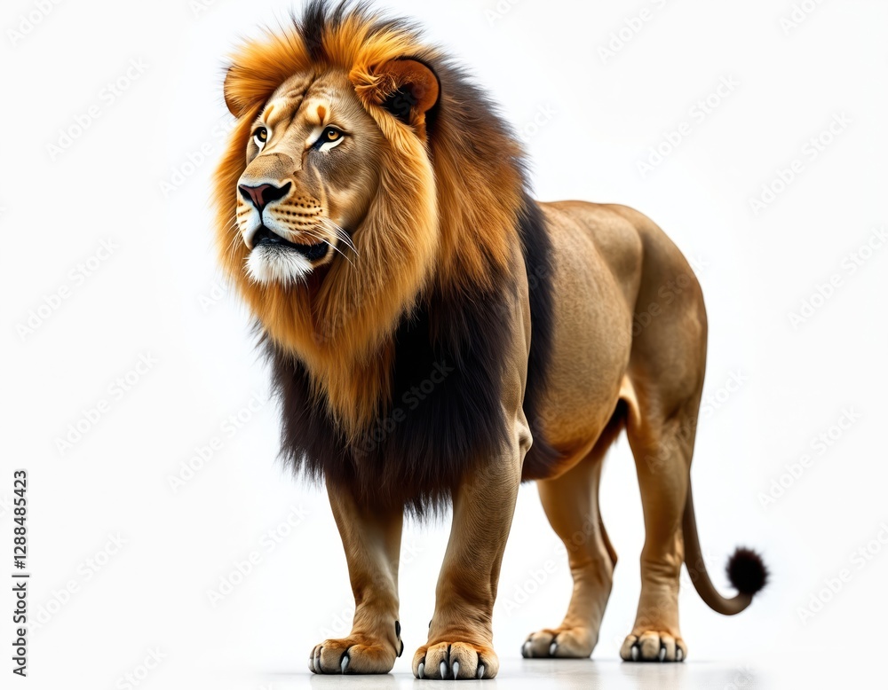 Obraz premium Majestic lion stands confidently. Regal mane, powerful presence in stunning close-up. Isolated on transparent background. Animal portrays strength, courage, raw power, beauty. Wild cat predator