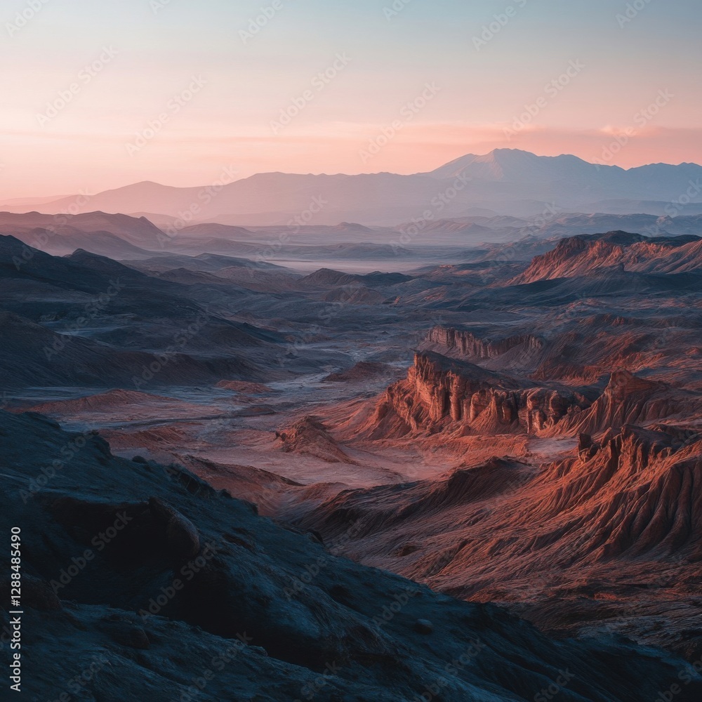 Naklejka premium Serene Desert Landscape at Sunset with Distant Mountain Range