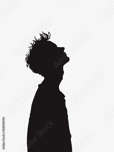 Man is standing in the middle of a white background. He is wearing a black shirt and has a messy hairstyle. The image has a moody and somewhat melancholic feel to it, as the man is lost in thought